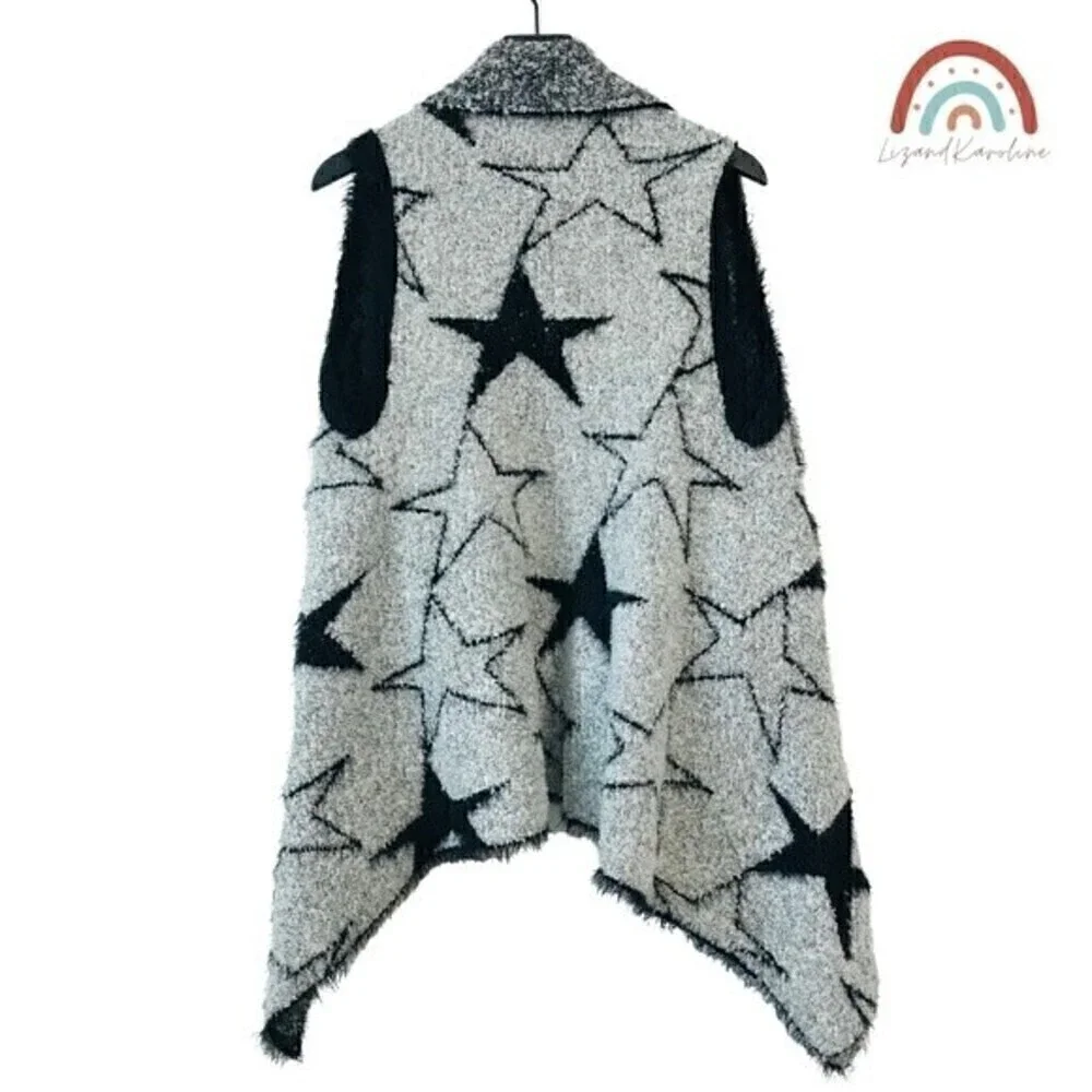 Milano Wool Stars Fuzzy Super Soft Sherpa Plush Cozy Winter Open Sweater Vest